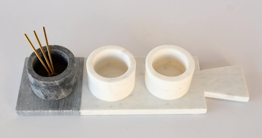Grey & White Marble With 3 Pinch Pots & Spoons